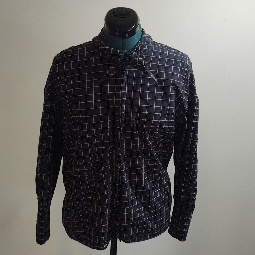 Zara Woman Navy Window Pane Print Blouse Sz S
